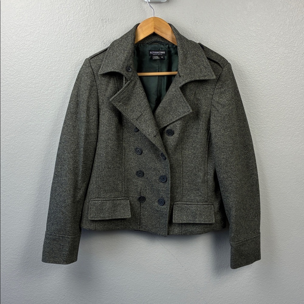 J. Peterman Silk/Wool Peacoat Gray Herringbone Tweed Blazer Jacket 14